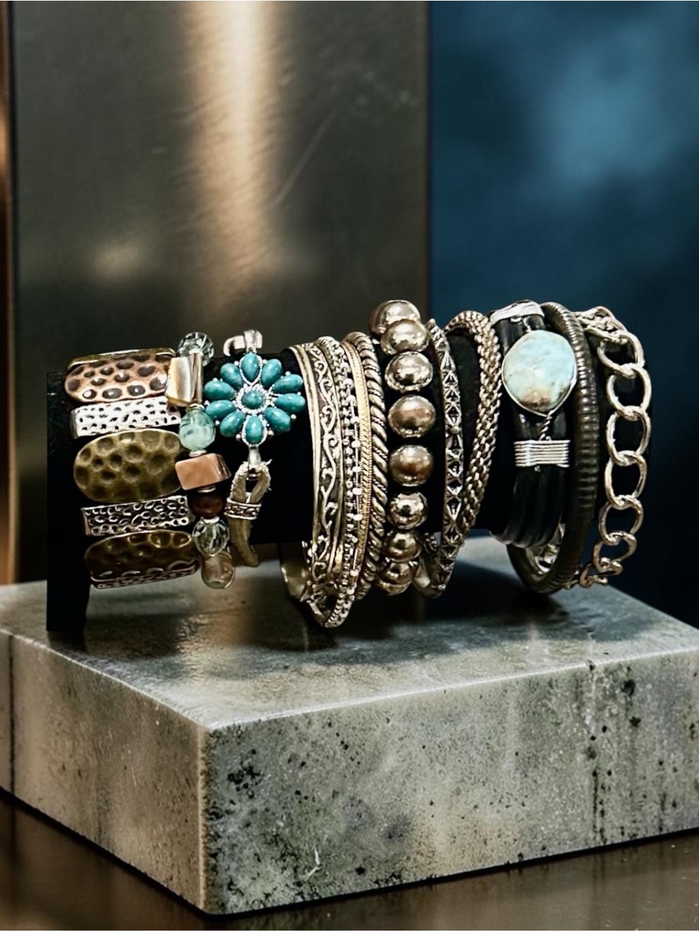 Boho Autumn Harvest Mixed Metal & Turquoise Stackable Bracelet Set
